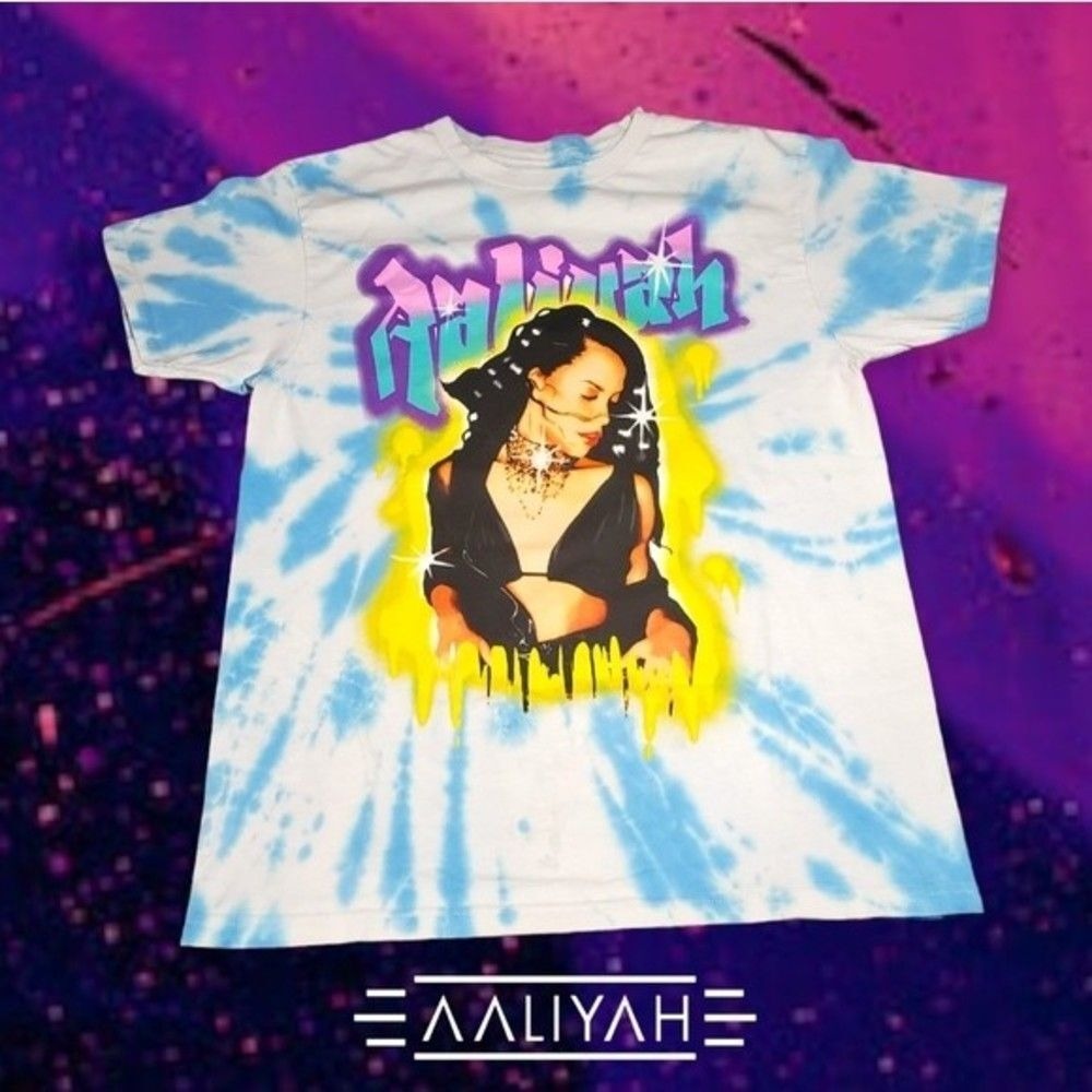 Aaliyah Graphic T-Shirt Unisex Tie Dye Airbrush Style Rap Tee Blue White M